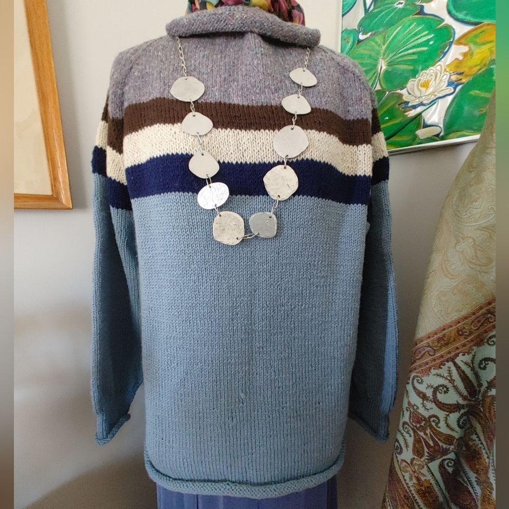 100% Lambswool Handknit Striped purple, cream, Blue, Brown Women's Sweater (286)